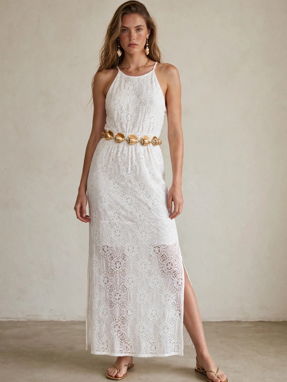 Vintage 90s Scobe Floral Lace Overlay Halter Maxi Dress Boho White Made in USA S